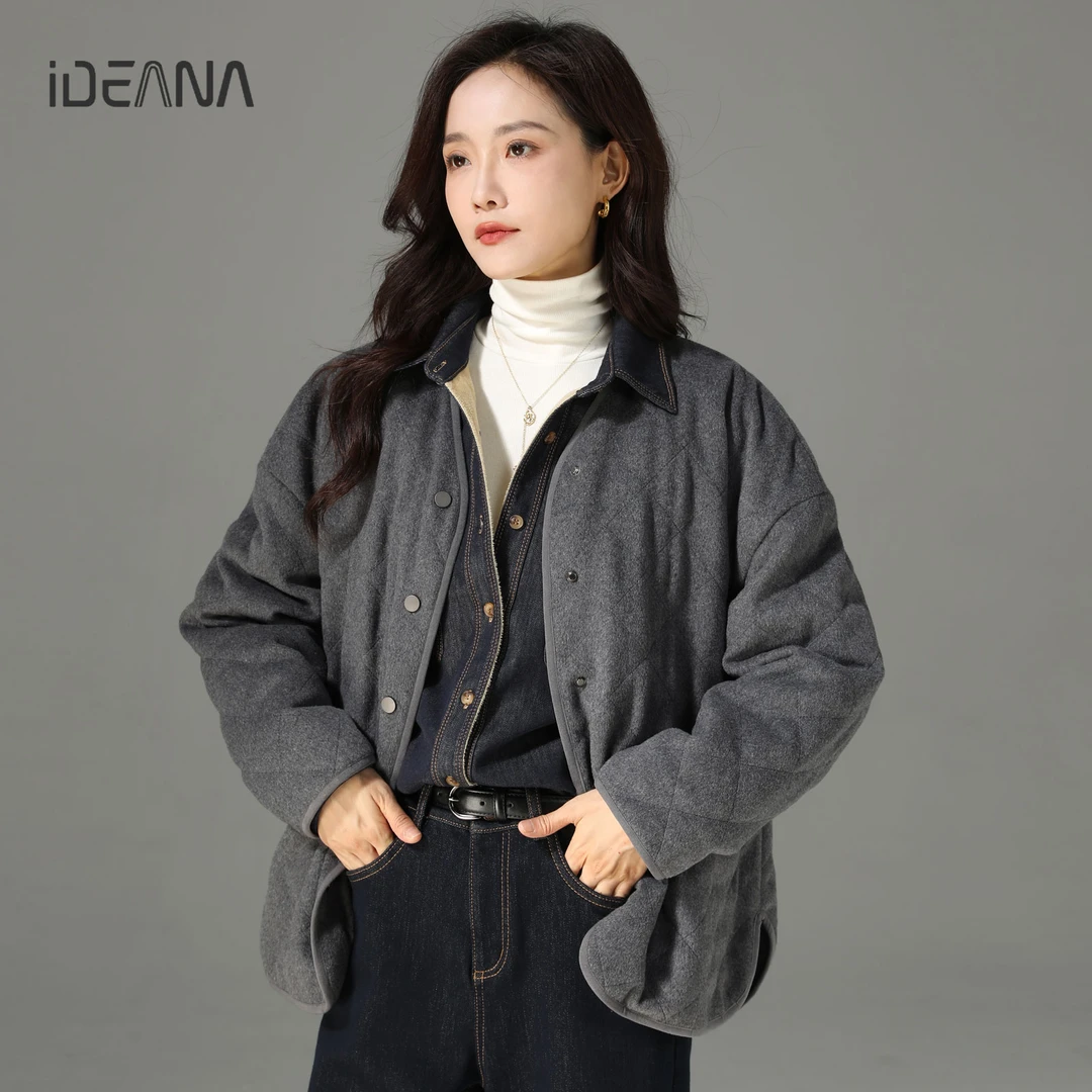 灰色菱格保暖羽绒服女冬季显瘦廓形夹克开衫休闲上衣羊毛鸭绒外套