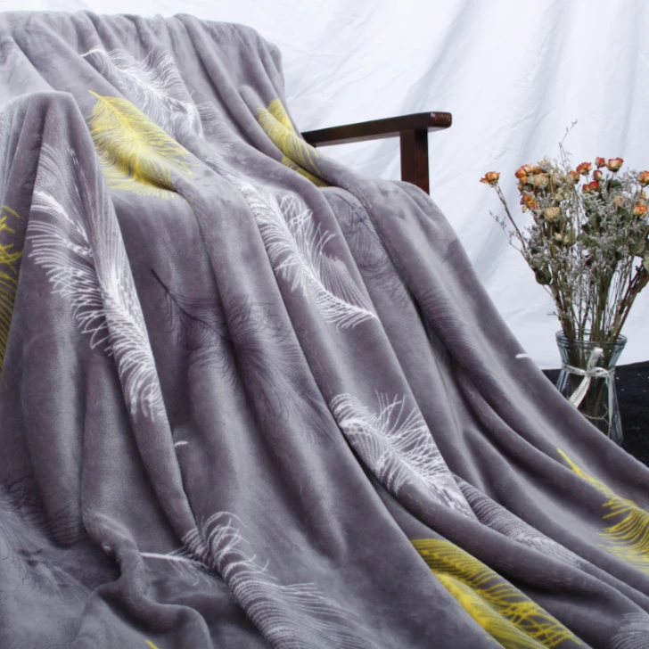 牛奶绒双面毯200*230简约灰底羽毛加厚d095绒毛毯加厚