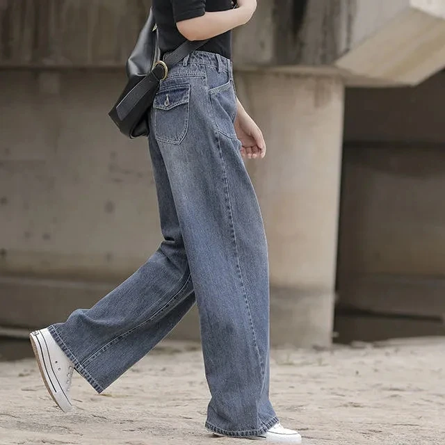 气质宽松阔腿直筒牛仔长裤女2025秋季新款显瘦垂感廓形休闲拖地裤