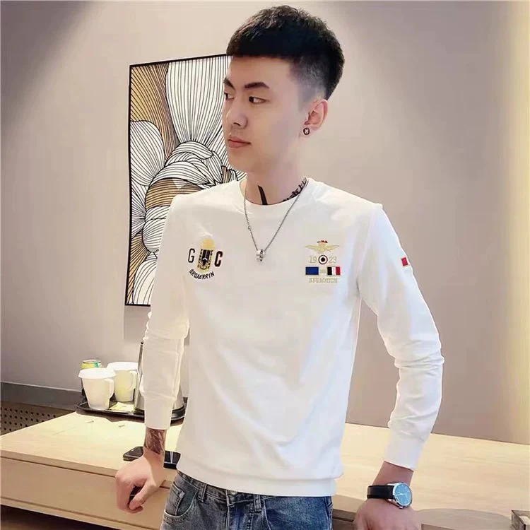 秋冬男士潮流印花卫衣小码男装加绒修身潮男长袖T圆领百搭打底衫