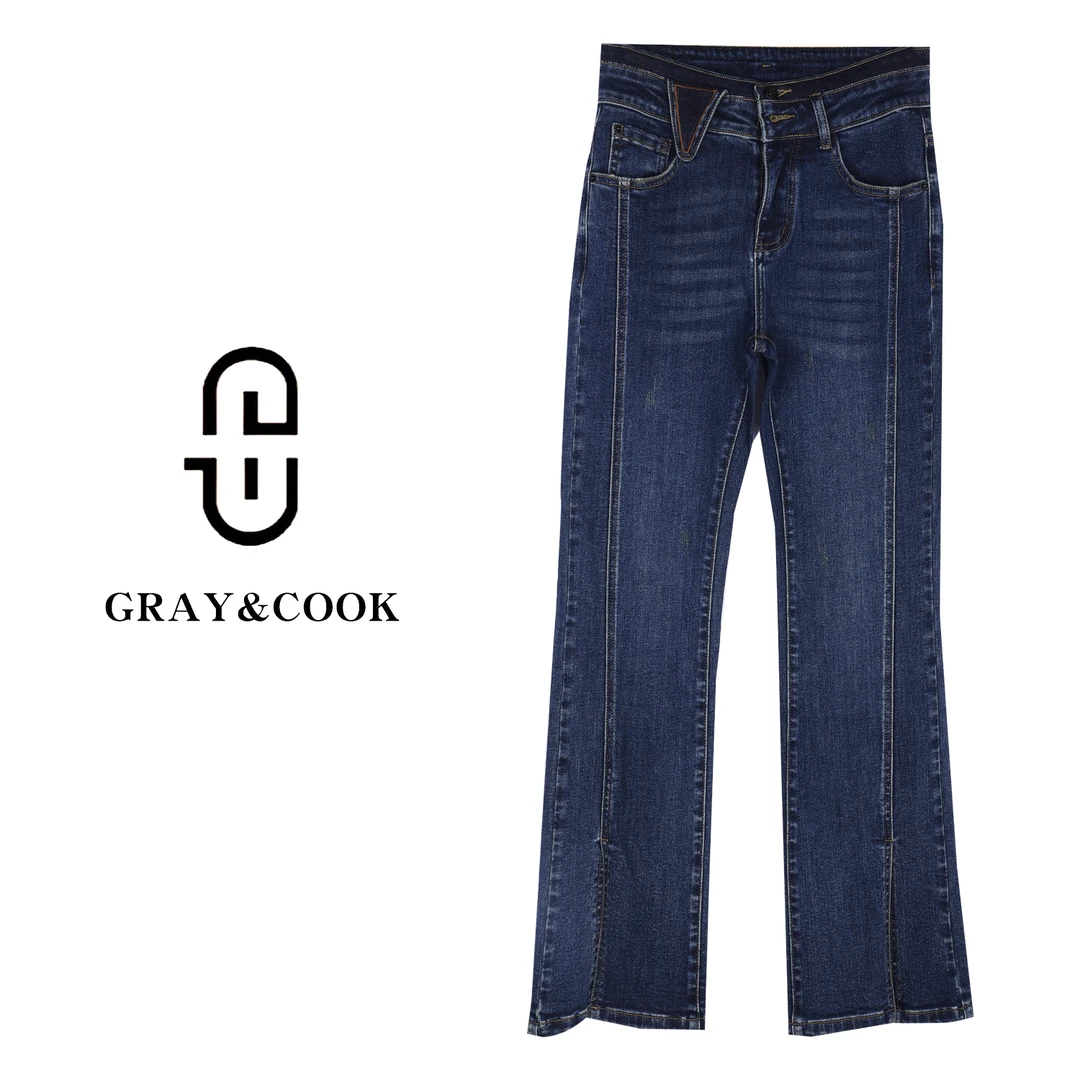 GRAY&COOK设计师春款高腰时尚百搭修身中线开叉牛仔喇叭裤231016