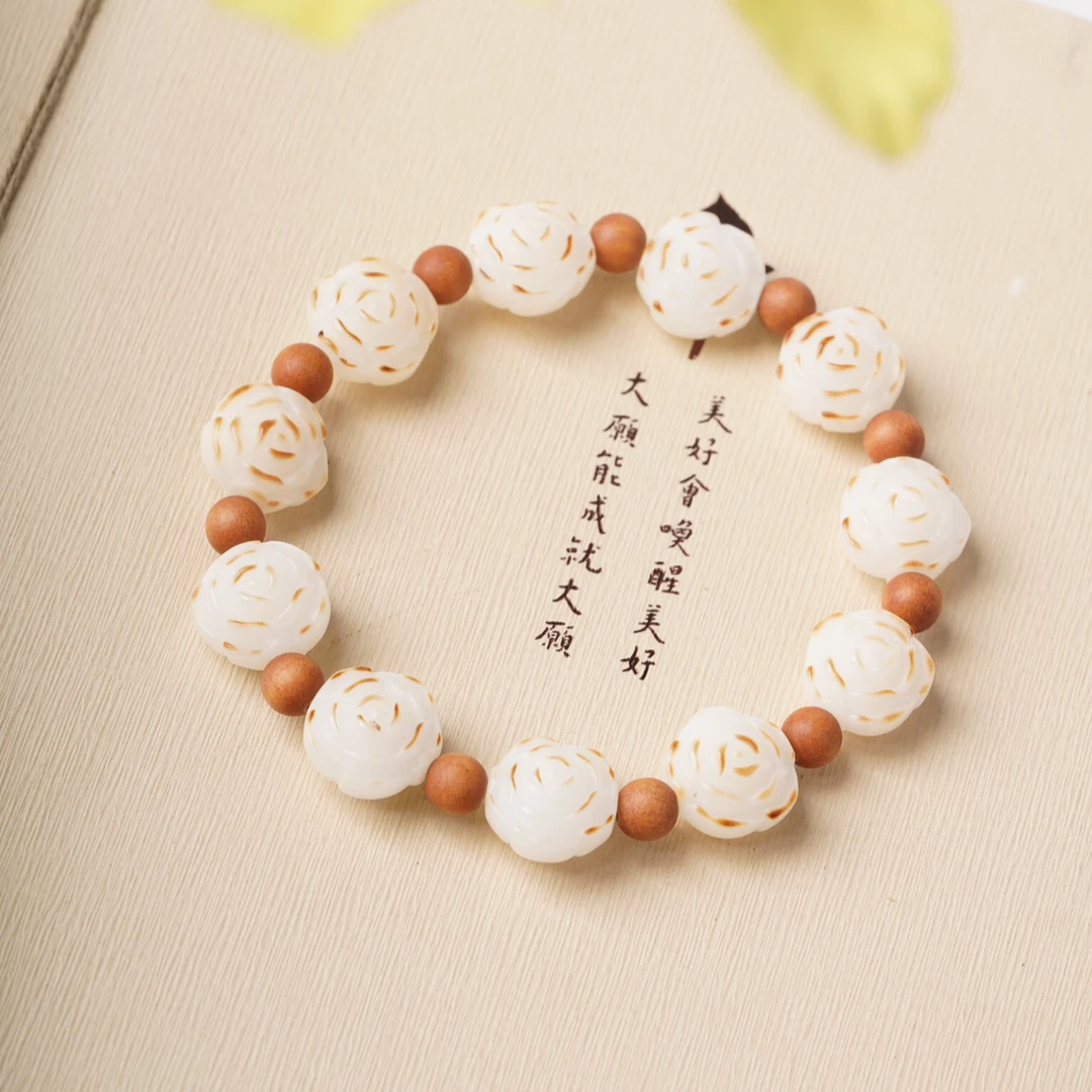 原创DIY手串双圈白玉菩提根款 山茶花1.4尺寸手链手串