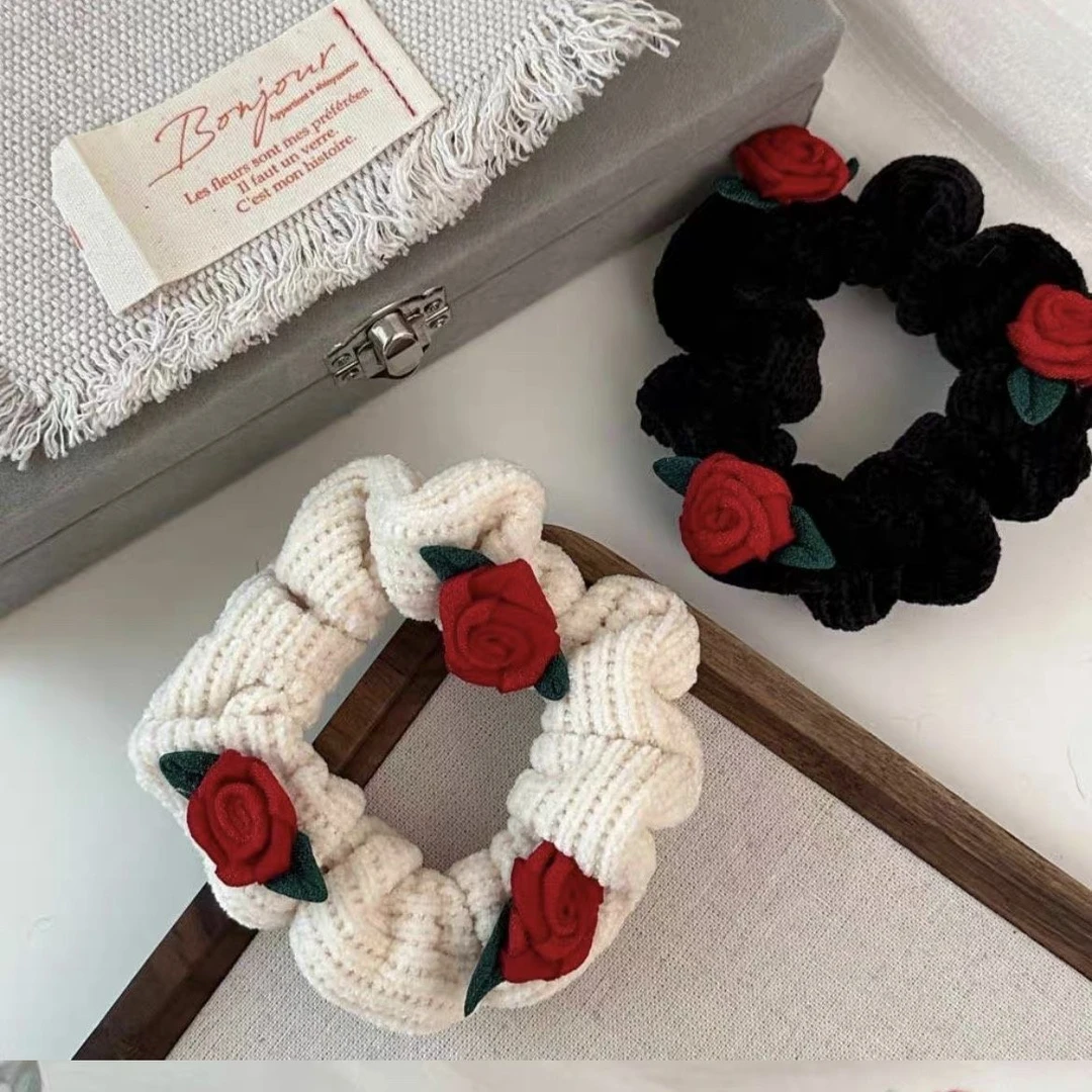 复古手工编织玫瑰花毛毛大肠发圈秋冬新款高颜值扎头发头绳发饰女