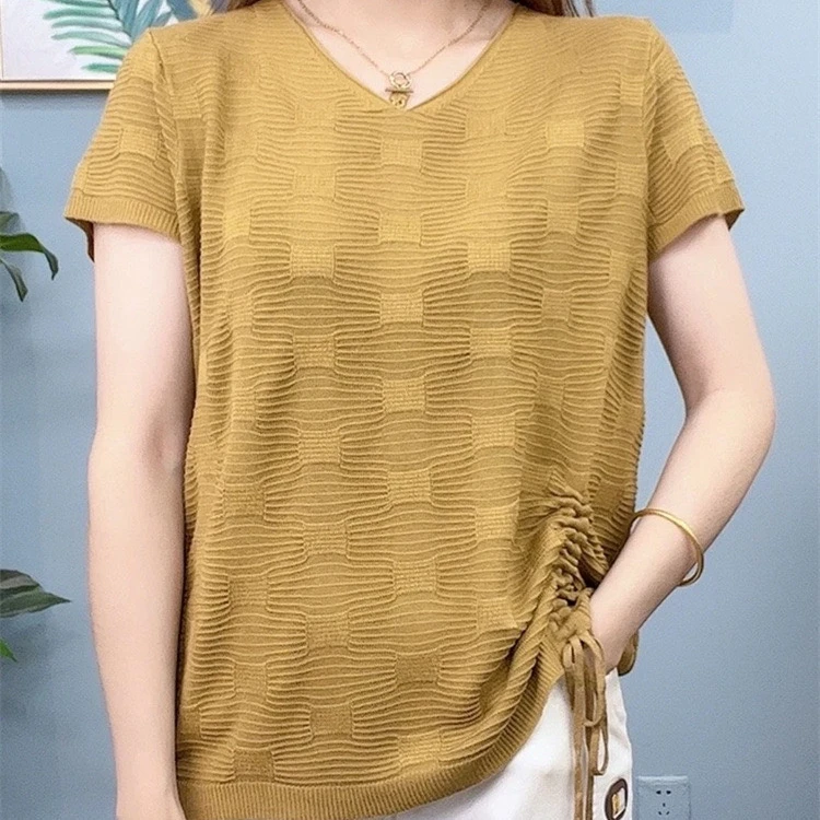 气质V领抽绳系带短袖t恤女2025夏中老年妈妈装薄款百搭针织衫上衣