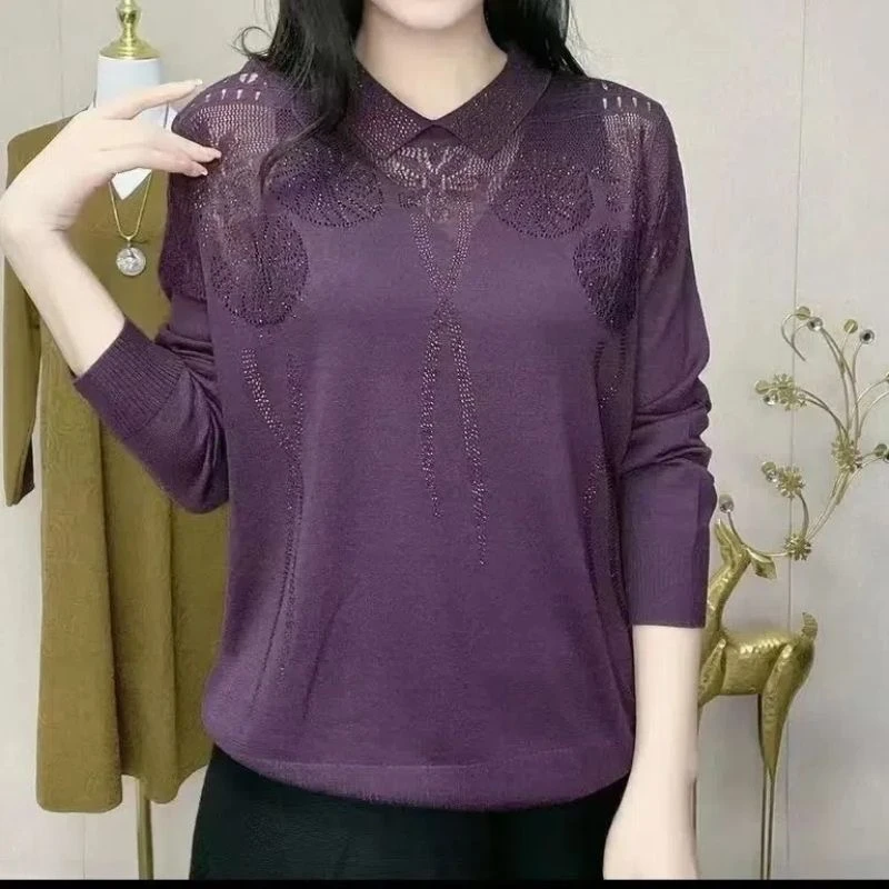 冬季女士长袖小衫提花针织百搭宽松中老年妈妈装polo领打底套头衫