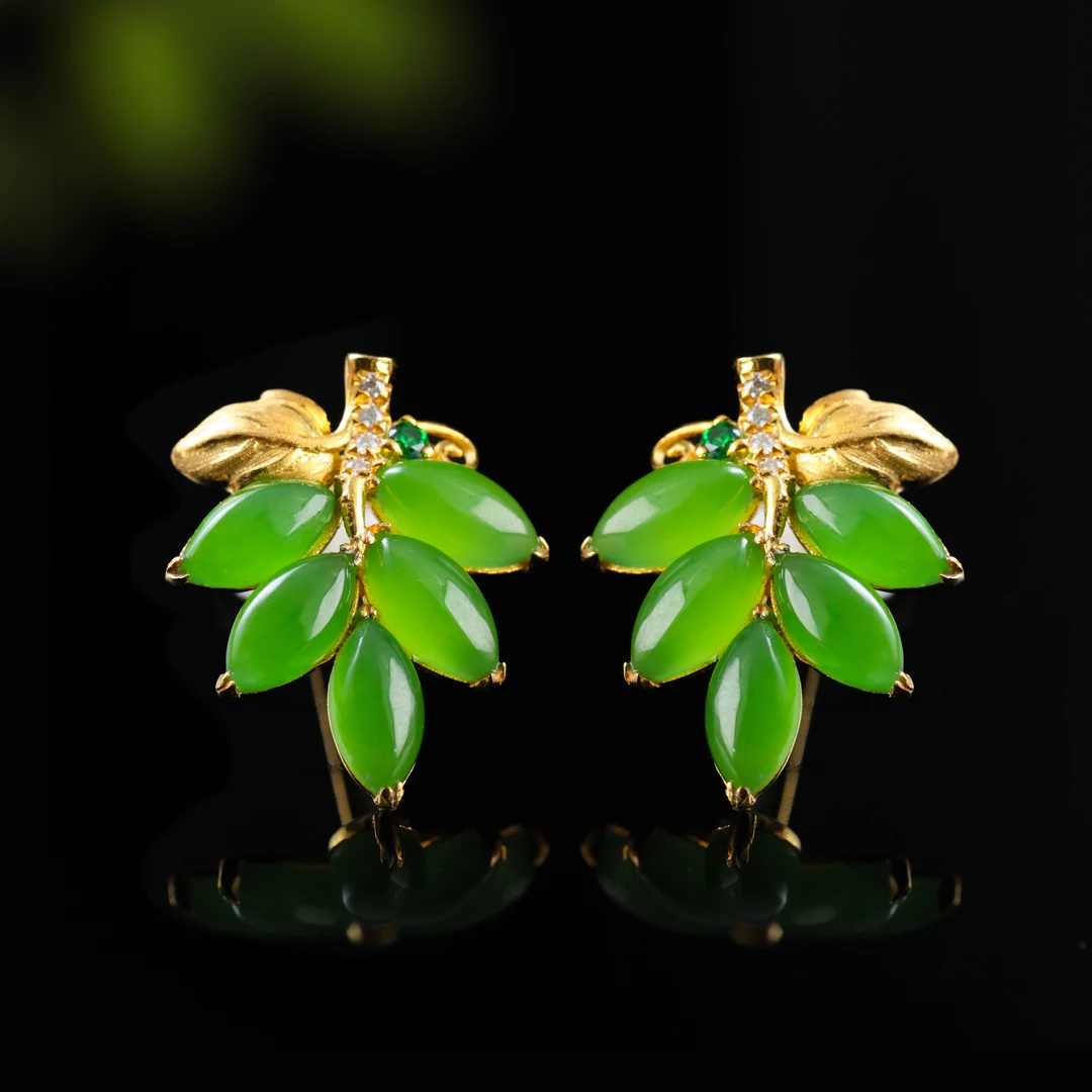 白玉世家金枝玉叶/18K金碧玉阳绿耳饰和田玉耳饰叶子耳坠设计新品