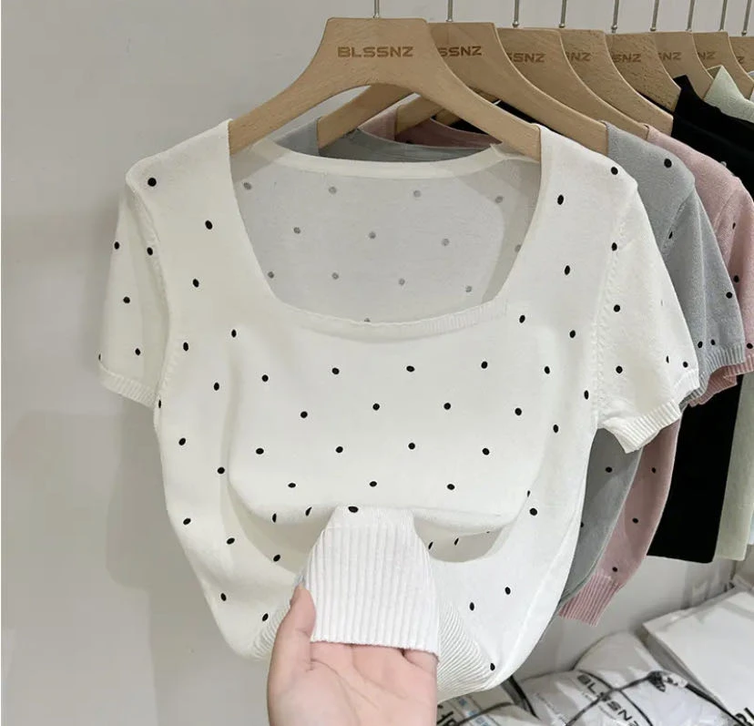 【80-180斤】法式方领波点冰丝短袖女夏季大码遮肚减龄别致上衣