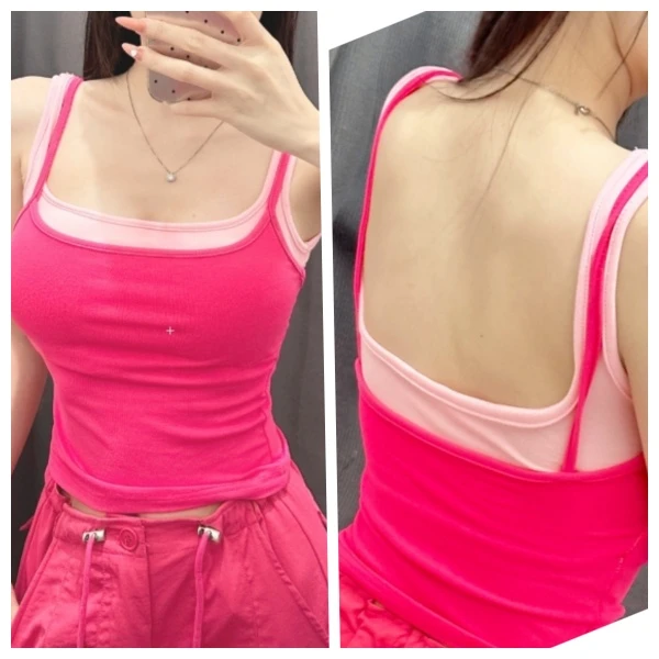 蓝达儿【可拆胸垫假两件吊带】瘦辣妹外穿短款拼色健身不跑杯