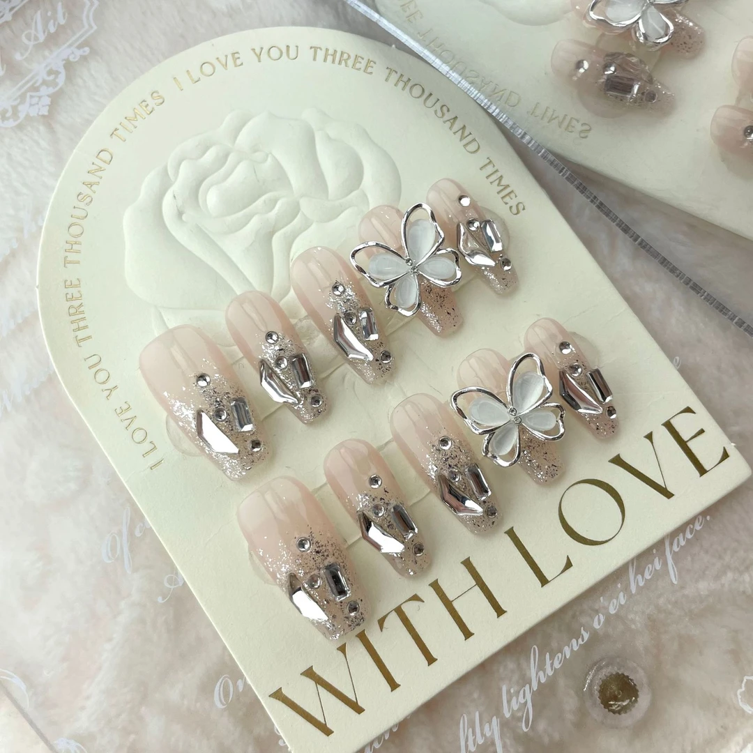 『晶石蝴蝶』手工甲可拆卸晶石爆闪蝴蝶碎钻假指甲成品穿戴美甲