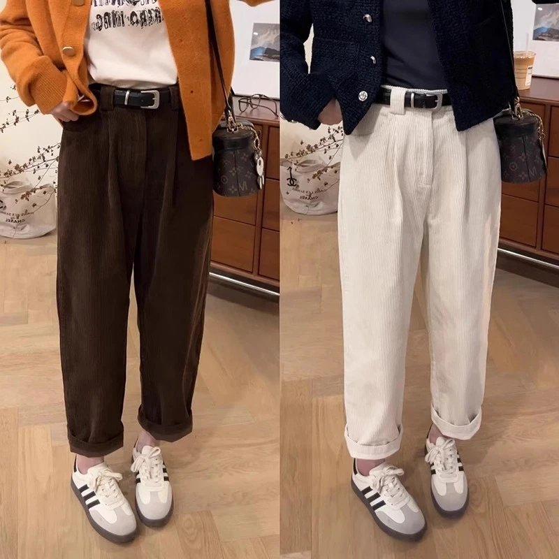 加绒加厚咖啡色灯芯绒松紧哈伦休闲裤女大码胖mm秋冬直筒阔腿裤子