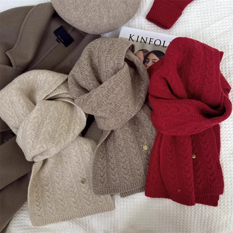 高货软糯100%澳洲纯羊毛围脖麻花纯色红色标围巾冬季保暖高级感