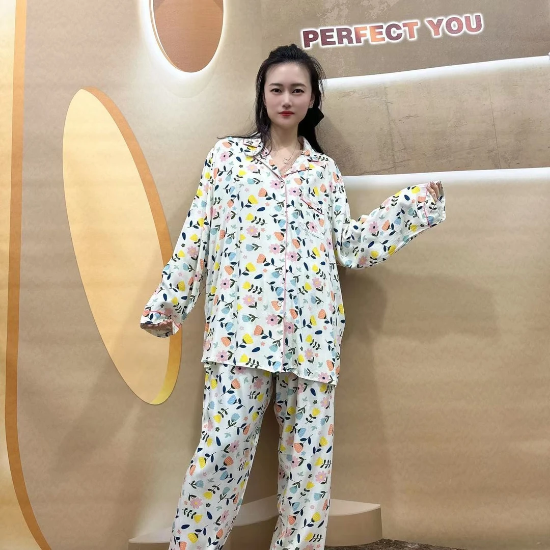女士大码棉绸简约夏季清凉西服领宽松长袖袖家居服套装172117