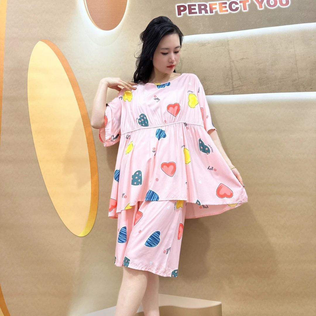 女士大码棉绸简约套头夏季清凉舒适宽松可爱短袖家居服套装172096