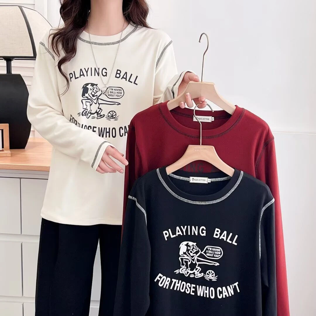 大码正肩长袖T恤女春秋韩版新款时尚打底衫胖mm圆领趣味字母印花