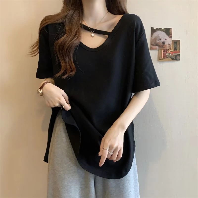 大码微胖遮肉上衣t恤大码显瘦半袖宽松中长款老钱风松弛感百搭T恤