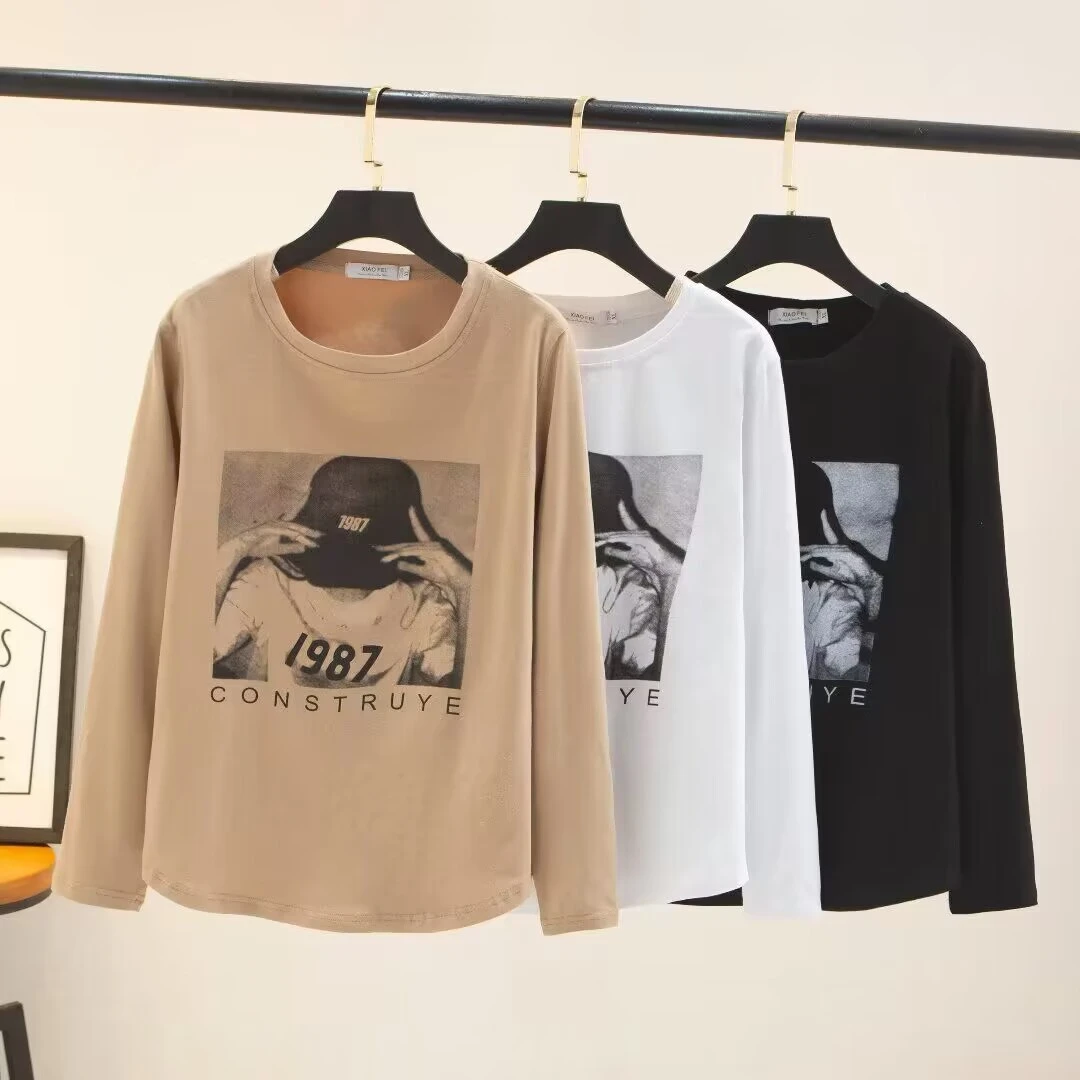 爽爽大码女装显瘦长袖印花圆领打底衫年春秋季新款胖mm设计感内搭