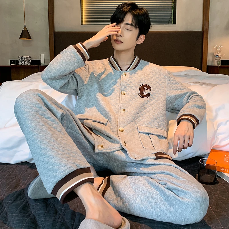 【加厚纯棉】秋冬季男士长袖纯棉睡衣套装家居服夹层棉空气棉
