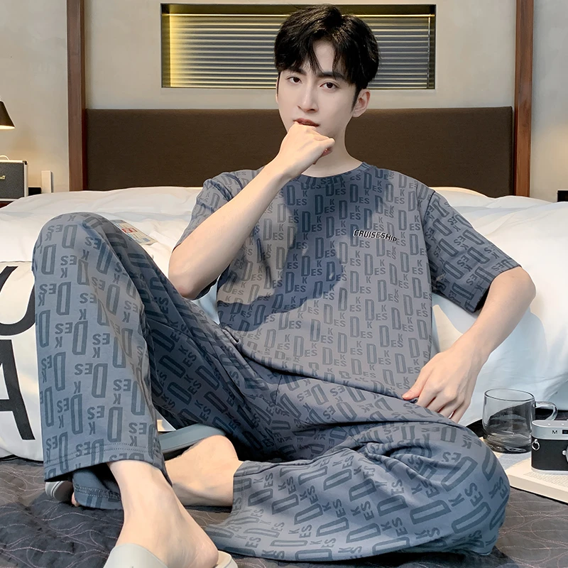 【纯棉】高品质夏季男士短袖长裤纯棉睡衣套装家居服全棉薄款韩版