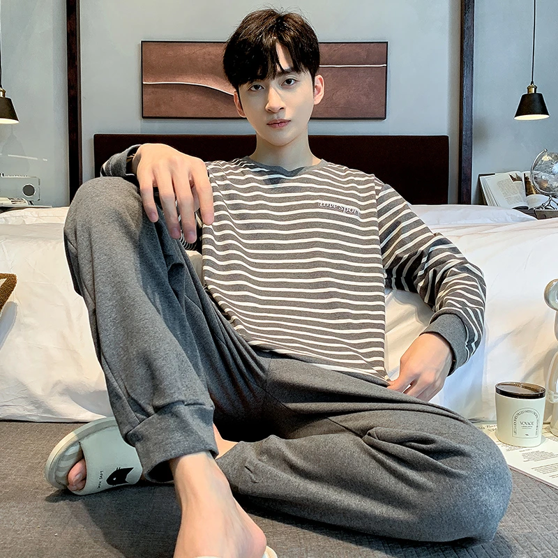【纯棉】高品质春秋季男士长袖纯棉套头睡衣套装家居服时尚大气青年