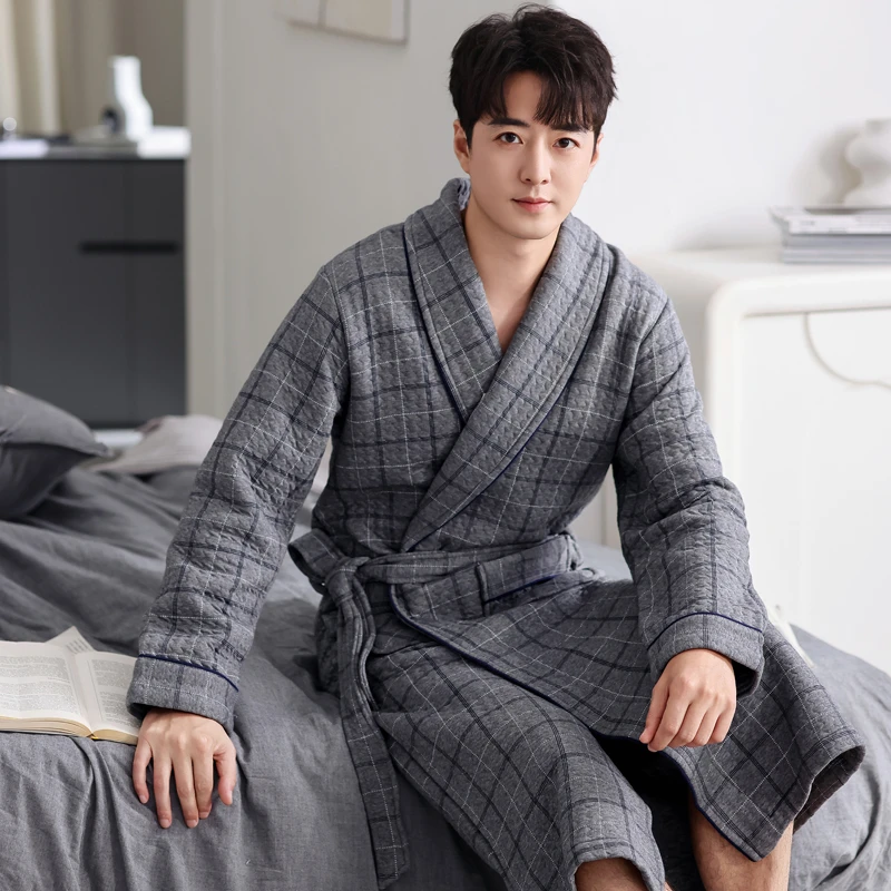 【纯棉夹层棉睡袍】秋冬季男士长袖加厚纯棉睡袍睡衣家居服浴袍