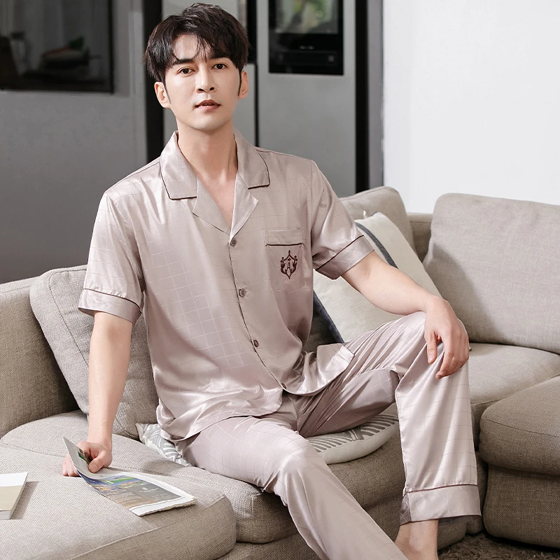 【冰丝】高品质夏季男士冰丝短袖睡衣套装家居服纯色时尚青年薄款