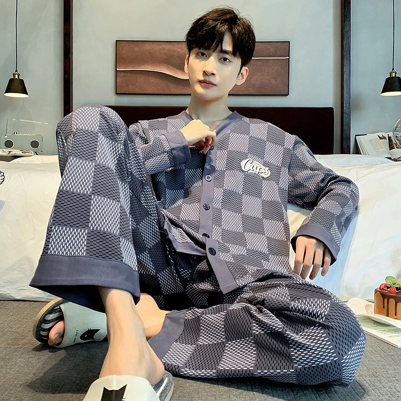 【纯棉】春秋季男士长袖睡衣套装家居服开衫款V领时尚大方青年休闲