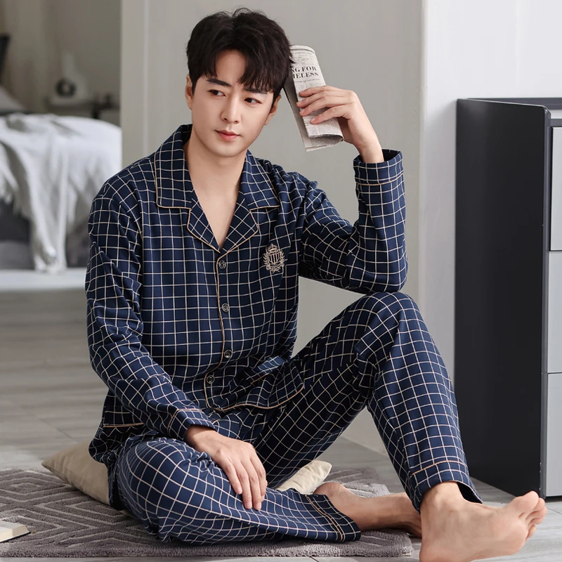 【纯棉】英伦风新款春秋季时尚格子款男士长袖睡衣套装家居服青年