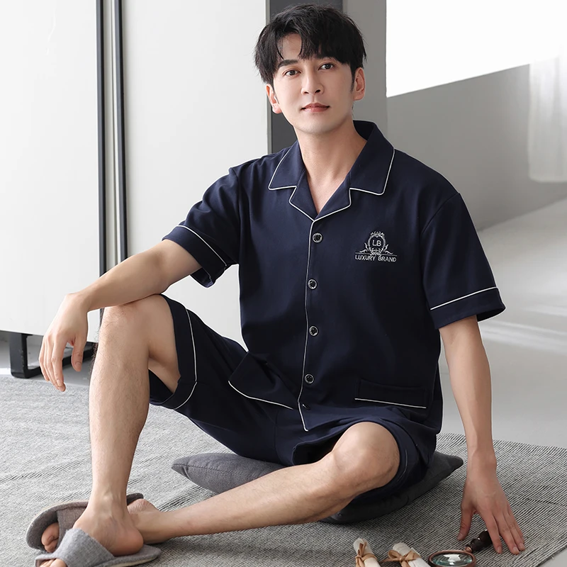 【100%纯棉】夏季男士短袖睡衣套装家居服开衫款短裤薄款透气凉爽