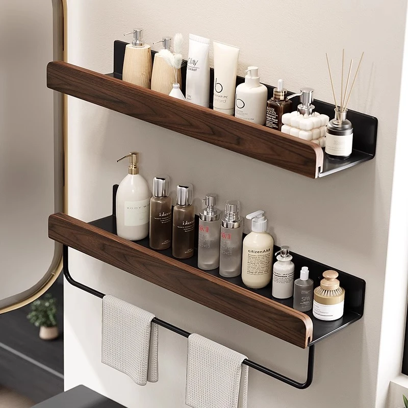 胡桃木卫生间置物架中古风浴室厕所洗漱洗手台洗手间墙上免打孔架