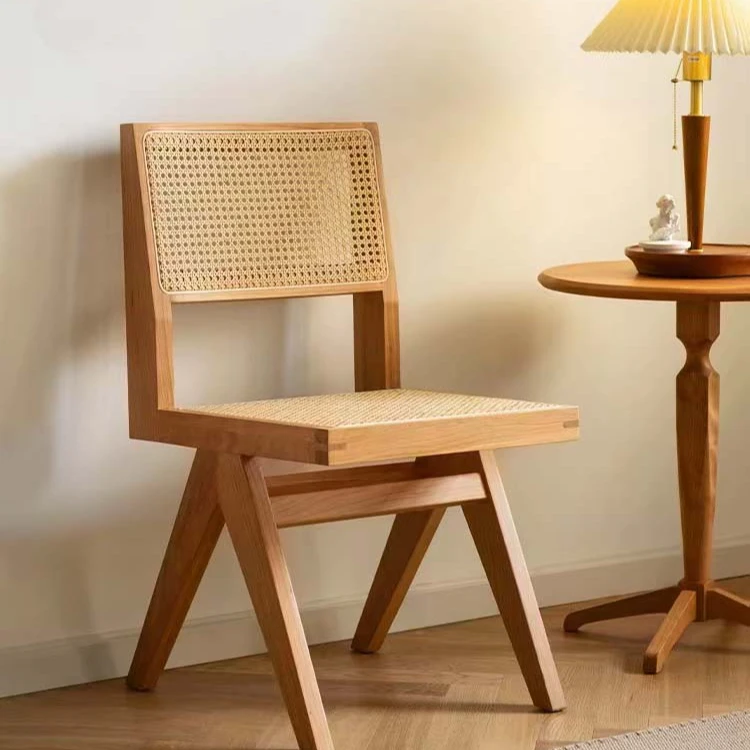 【慢时光】樱桃木无扶昌迪加尔侘寄风藤编椅子实木餐椅休闲椅无扶手