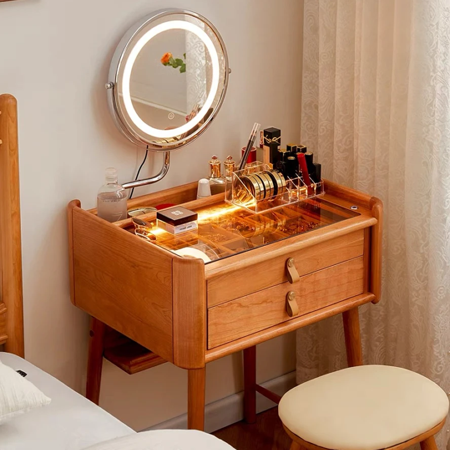 【月影妆台】樱桃木梳妆台全实木小户型迷你化妆桌日式原木风化妆台