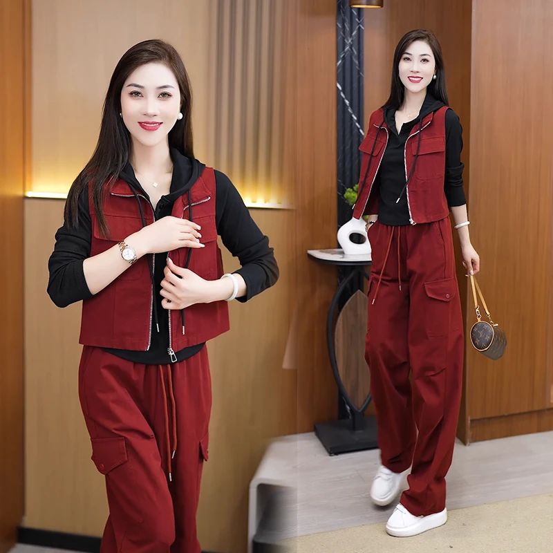 休闲套装女春秋马甲长袖连帽卫衣工装阔腿裤洋气显瘦减龄三件套潮