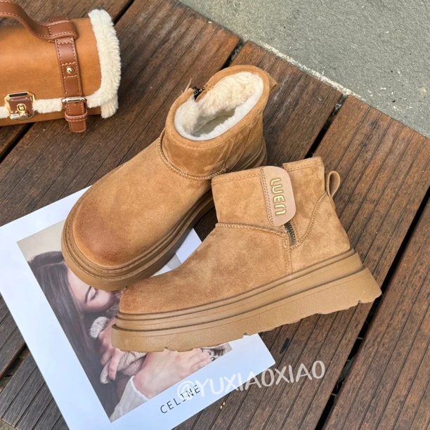 【鱼小小】冬季恋人 2024冬季新款腮红擦色加绒厚底防滑女雪地靴5cm