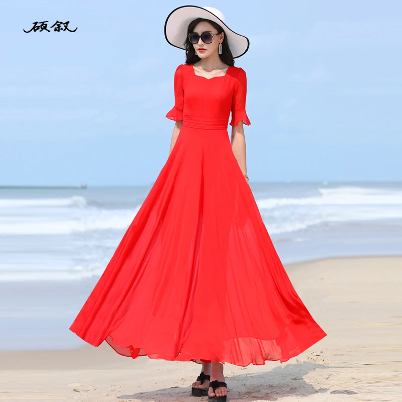 新款大红色连衣裙长款夏收腰显瘦中袖垂感大摆长裙女时尚高级气质