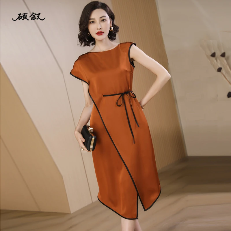 不规则中长连衣裙女夏新款质感缎面显瘦设计感系带轻奢宽松长裙子