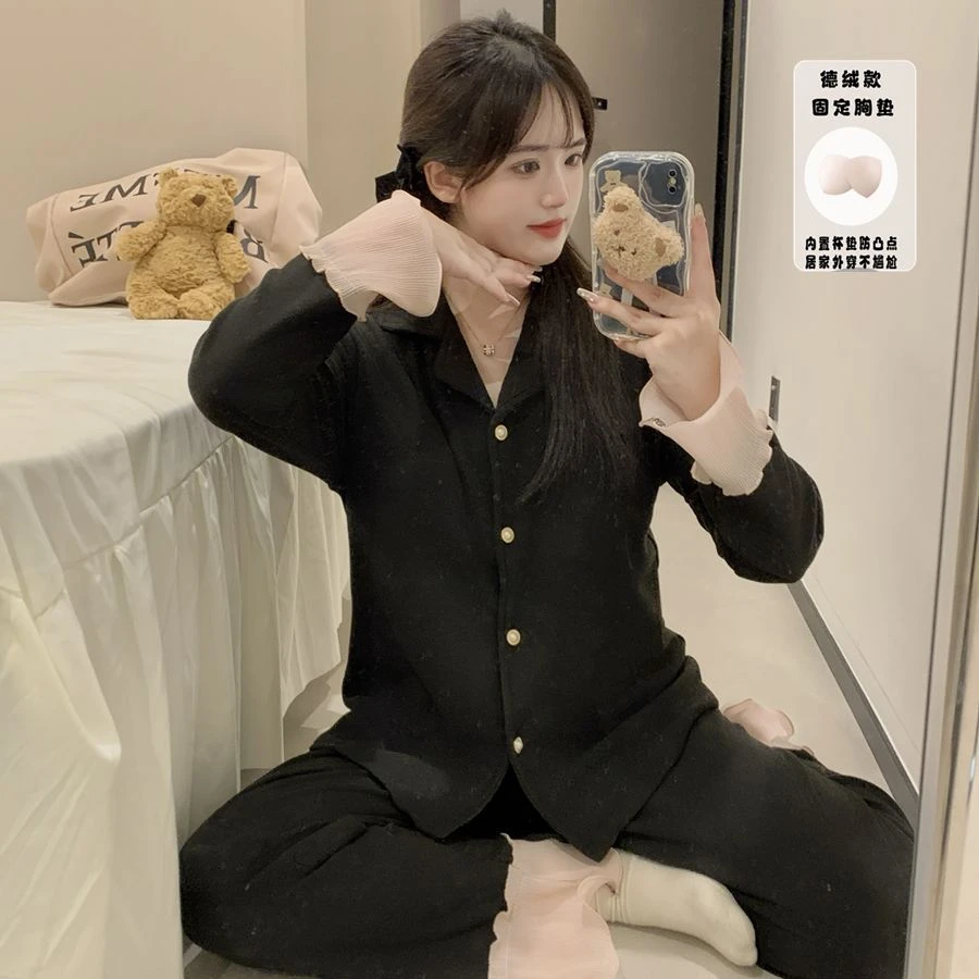 秋冬季德绒带胸垫睡衣女长袖休闲少女甜美套装可外穿家居服