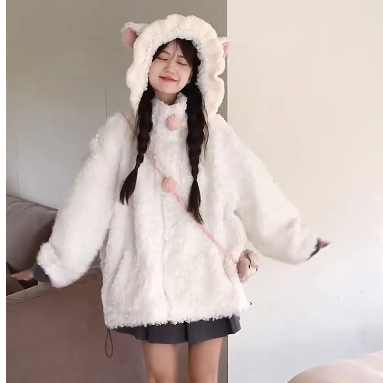 冬季棉服毛毛外套女新款保暖毛绒加厚甜美韩版加绒冬季休闲连帽