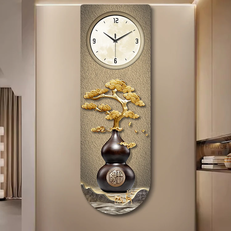福鹿玄关装饰画带钟表静音竖版精雕晶瓷画现代轻奢电视背景墙壁画