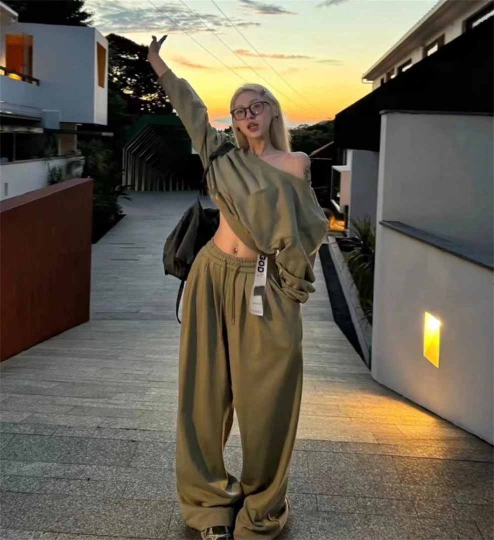 2024秋装新款美式短款露肩卫衣阔腿裤套装女休闲运动直筒裤两件套