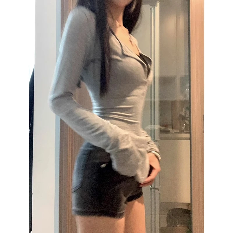 纯欲v领防晒罩衫女夏季薄款辣妹性感微透修身显瘦假两件长袖上衣