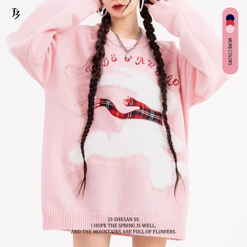 J3嚞叁 秋冬时尚宽松潮流百搭针织衫情侣套头慵懒风休闲潮牌毛衣