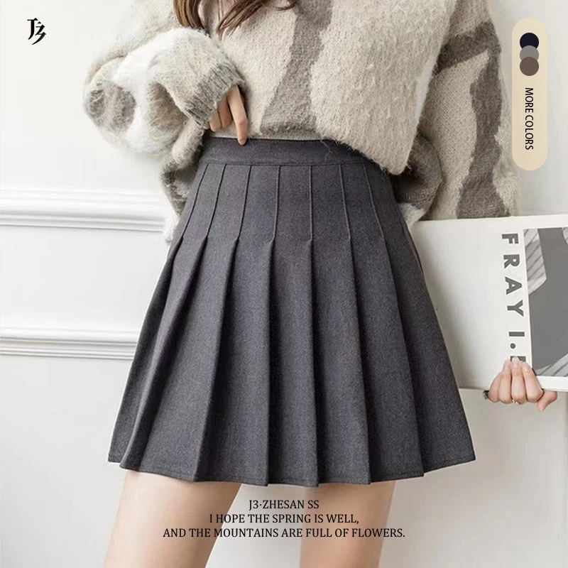 【加厚】J3嚞叁 高腰时尚百搭显瘦气质A字毛呢百褶半身裙
