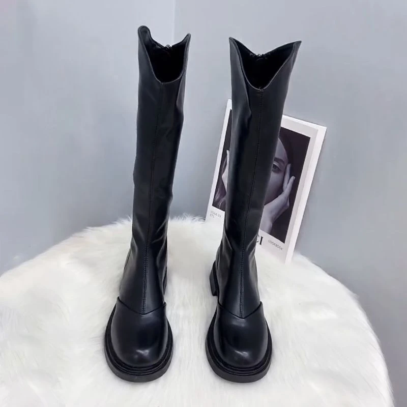 秋冬V口长靴显瘦不过膝长筒靴高筒靴拉链小个子骑士靴弹力瘦瘦靴