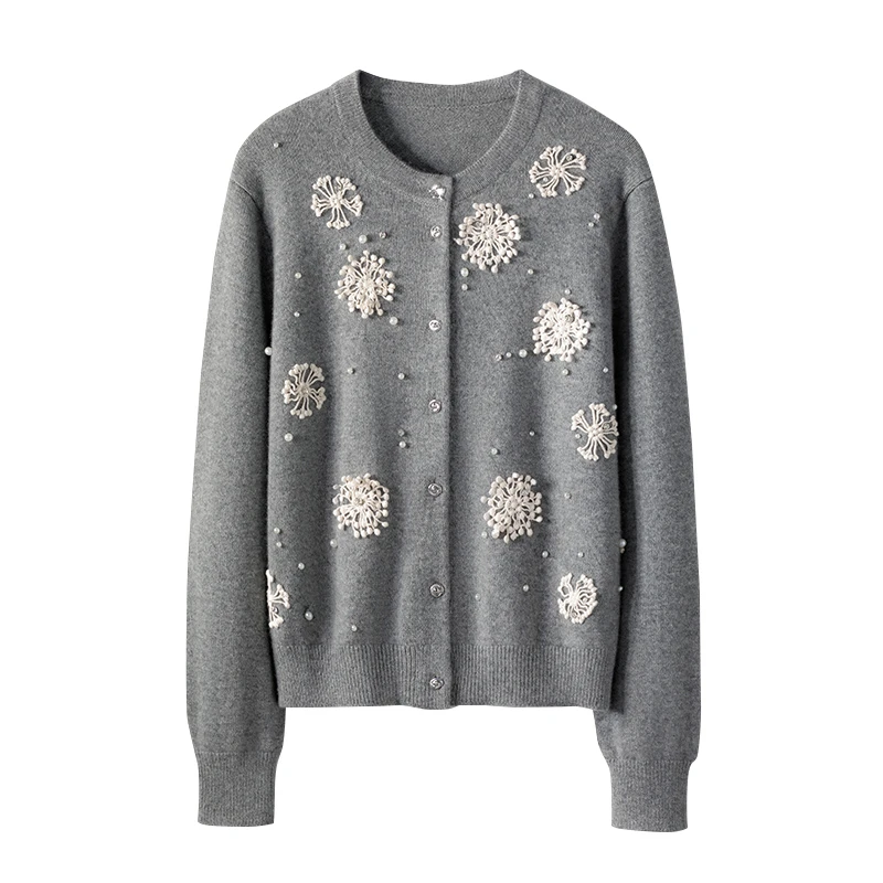 鄂家同款格雷系精致立体绣花钉珠羊绒针织开衫圆领上衣优雅轻奢