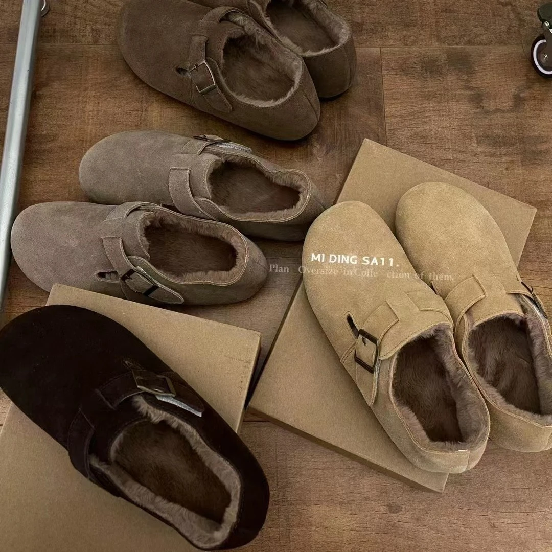 米町 女鞋超舒服真皮勃肯鞋秋冬新款复古圆头加绒保暖软底棉鞋