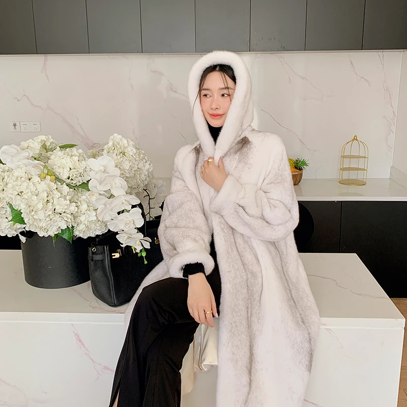 进口紫标天鹅绒十字长款连帽水貂皮草女整貂休闲时尚貂皮大衣外套