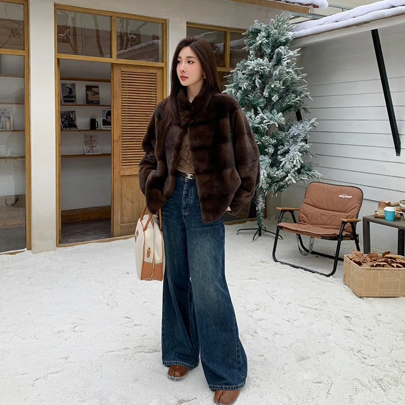 短款横排进口天鹅绒水貂皮草女整貂复古显瘦冬季貂皮外套立领年轻
