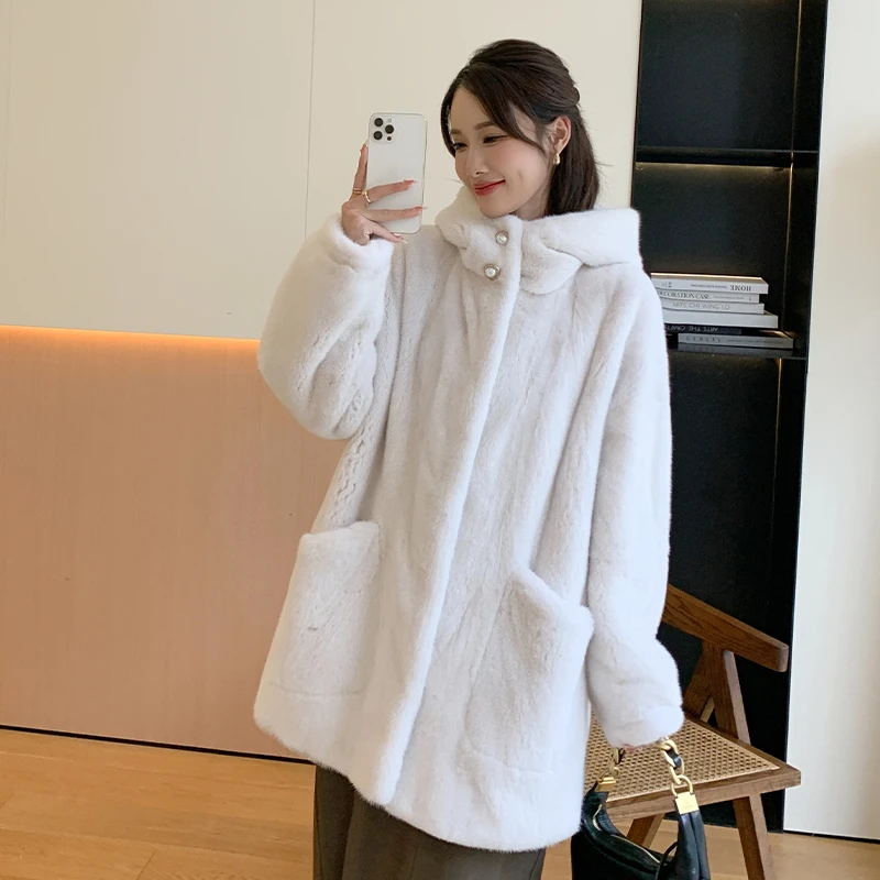 进口天鹅绒水貂皮草女连帽年轻中长款貂皮大衣整貂外套2025新