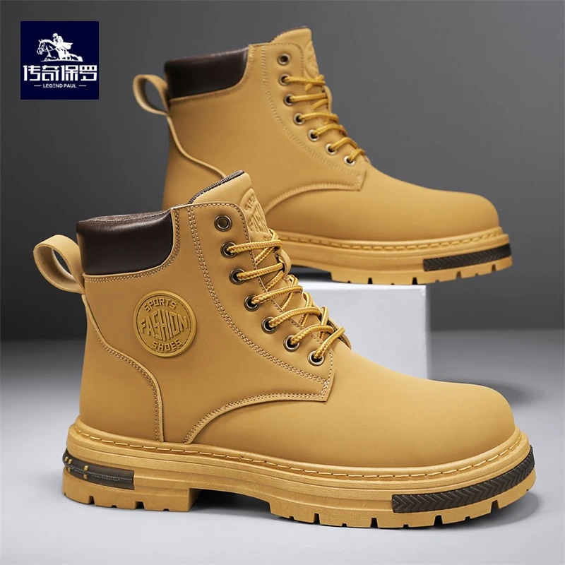传奇保罗男士高帮大黄靴秋冬新款潮流百搭复古时尚英伦厚底马丁靴