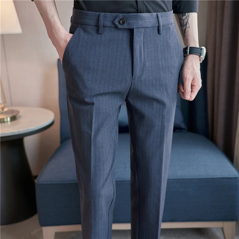 英伦风男装商务西服裤条纹男士休闲西裤高级感韩版修身九分西装裤